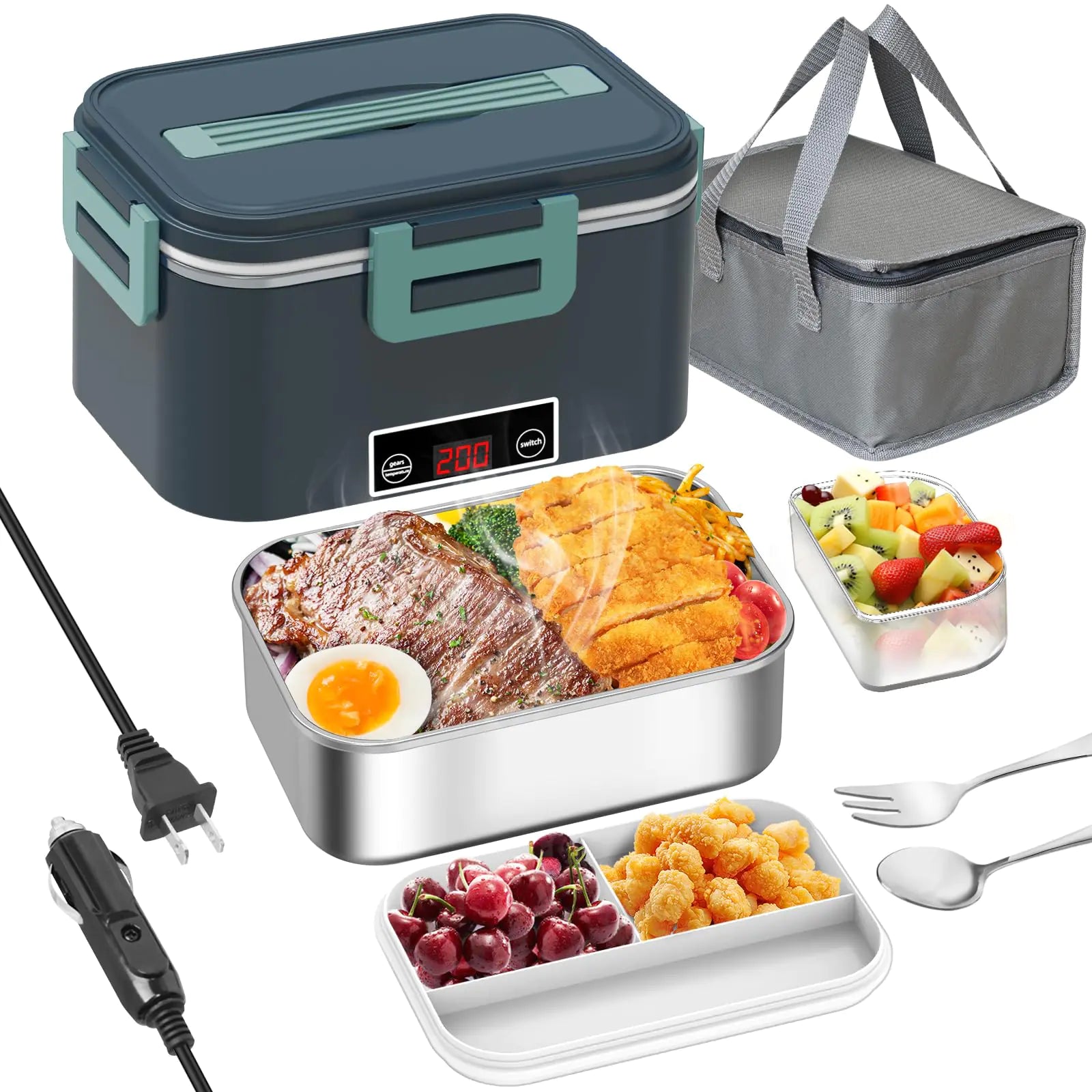 Electric Lunch Box Food, Digital Temperature Display12V/24V/110V 1.8L Stainless Steel.